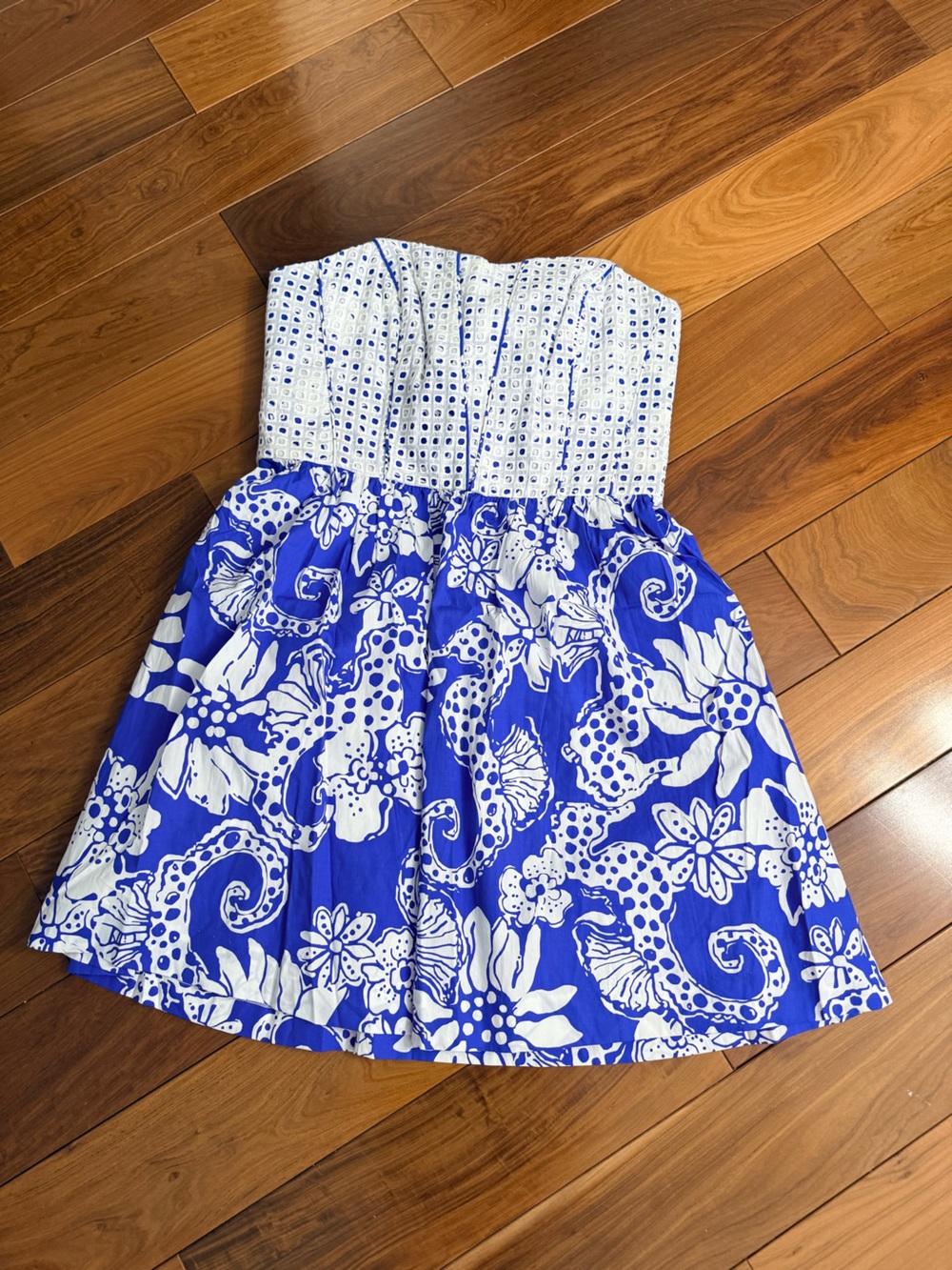 Lilly Pulitzer Strapless Blue & White Floral Eyelet Dress